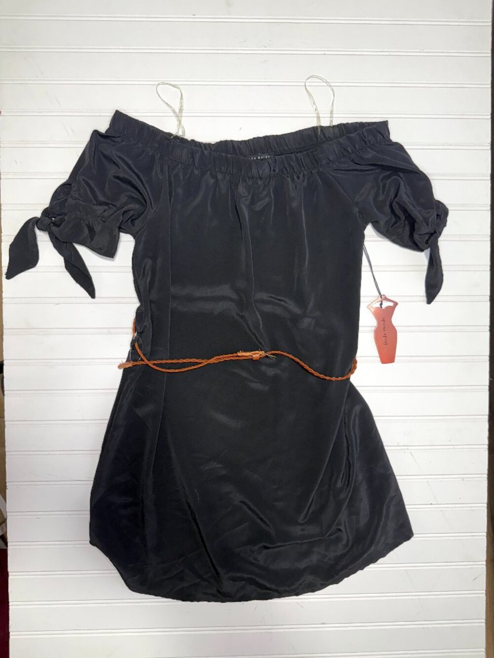 Haute Monde Black Off Shoulder Mini Dress Tie Sleeve Boho Chic size L NWT